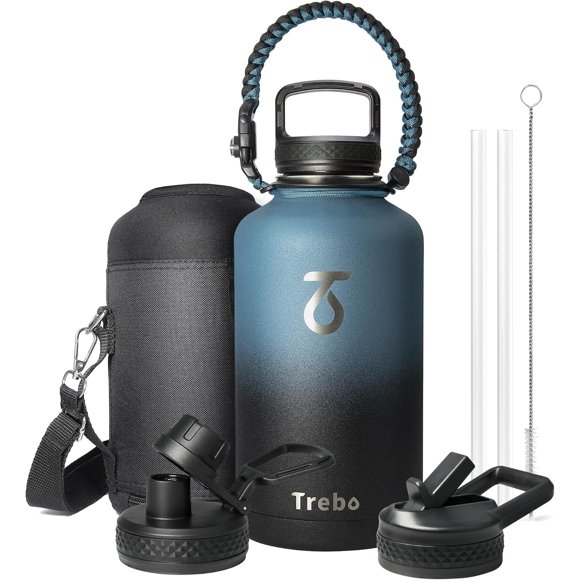 Water Bottle 64oz with Paracord Handle, Trebo Half Gallon Food-Grade Double Wall Vacuum Stainless Steel Insulated Jug with Straw Spout Handle Lids, Leakproof Keep Cold & Hot, Ombre: Indigo/Black