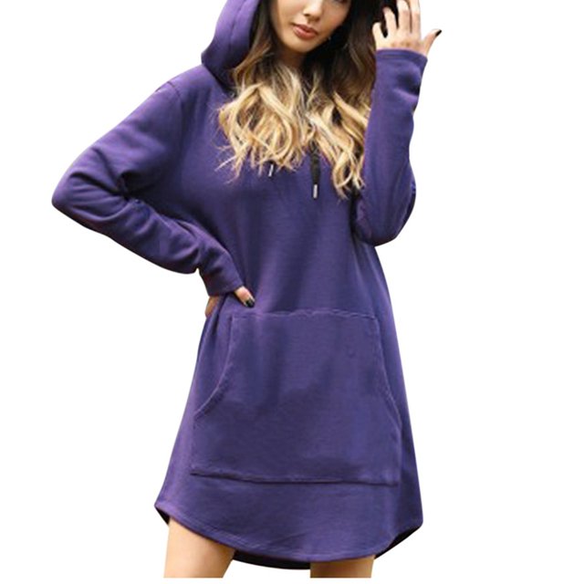 cfhntfmh Robes Chandails pour Femmes Confortables à Manches Longues Robe à Capuche Surdimensionnée Automne Douce Couleur Unie Robe Mini avec Poches
