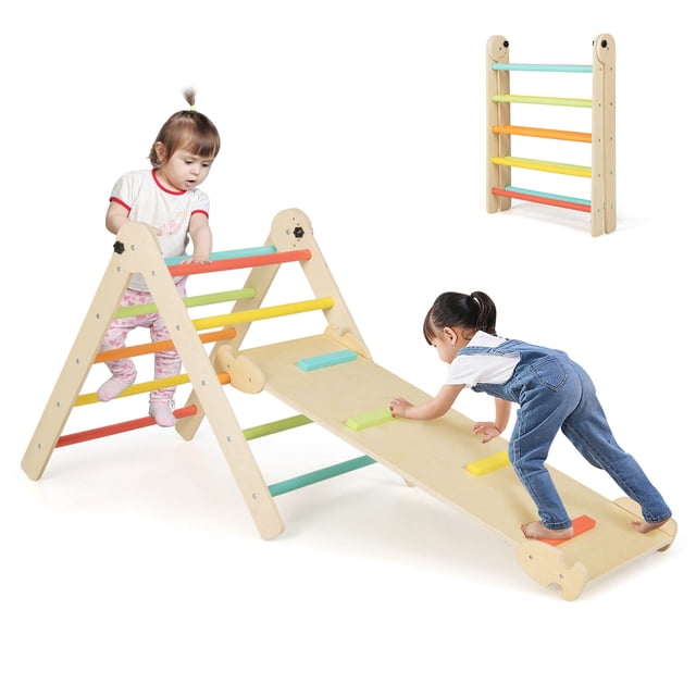 Costway 3-in-1 Triangular Climbing Toys featuring a foldable and height-adjustable triangle set with colorful wooden bars and a double-sided ramp. The ramp can be used for climbing or sliding, offering five tilting angles. Made of BPA-free plywood and pine wood, the set includes rounded edges for safety. Suitable for children over 3 years, it supports up to 132 lbs and is designed for indoor use in homes, kids' rooms, or nurseries.