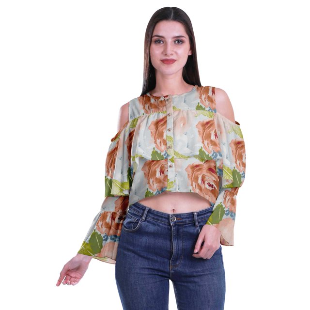 Moomaya Cold Shoulder Tops Shirts For Women Button Down Long Ruffle Sleeve Top