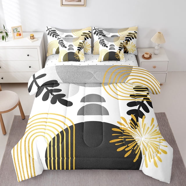 Boho Mid Century 7 Piece Comforter Set Full Bed in a Bag Abstract Geometric Modern Minimalist Bedding Sets,Geometry Line Art Sheet Set with Comforter Circle Graphic Ombre Stripes Room Decor,Grey