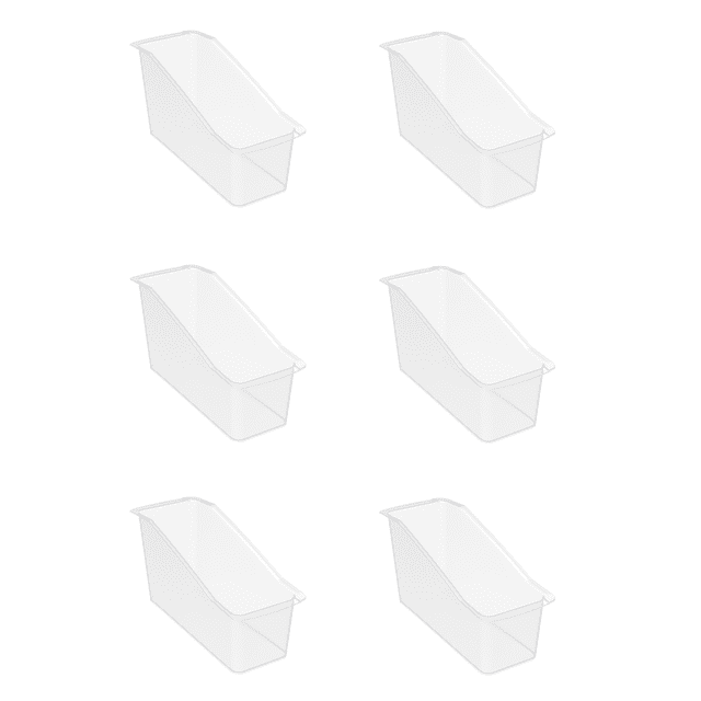 Storex Large Plastic Book Bin, Desktop Organizer for Classrooms, Offices, and Home Storage, Clear, front-facing clear freestanding plastic bin with interlocking sides and easy-grip handles, 14" interior depth fits letter-size folders and taller books, 14.3" x 5.3" x 7.1"; also suitable for storing classroom manipulatives or art supplies.
