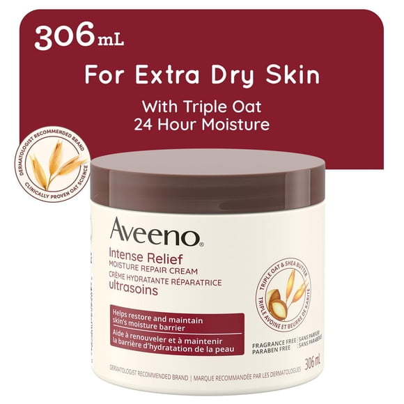 Aveeno Intense Relief Moisture Repair Cream, Shea Butter, Triple Oat, Extra Dry Skin Moisturizer, Fragrance Free