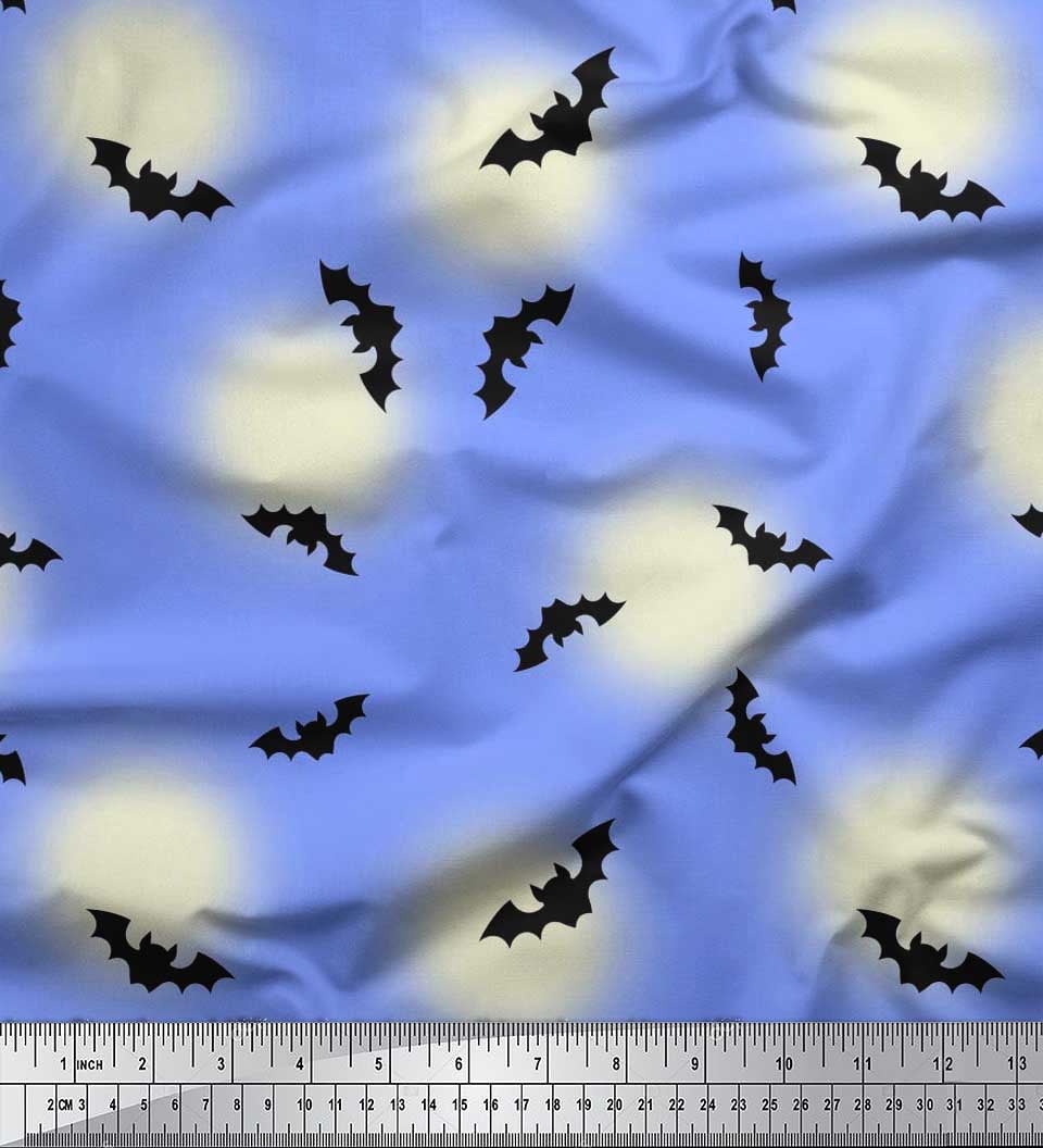 Soimoi Silk Fabric Moon & Bat Halloween Printed Fabric 1 Yard 42 Inch Wide