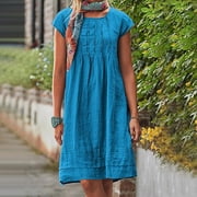 FcBaudy Short Sleeve Round-Neck Dress,Womens Dresses,Summer Dresses for Women Women's Fashion Cotton And Linen Crewneck Loose Short Sleeve Solid Mini Dress Women Dress