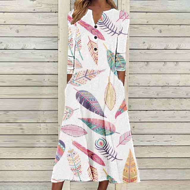 Babysbule Liquidation Robes d'Automne pour Femmes Mode Femmes Décontracté Élégant Col Rond Imprimé Été Manches Longues Poches Robe