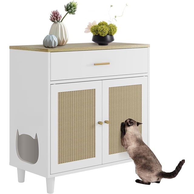 Hidden Cat Litter Box Furniture with Storage Drawer - Wood Enclosure with Sisal Doors, Dog-Proof Design