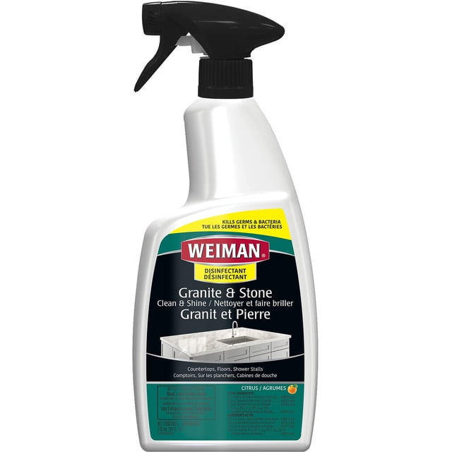 Weiman Granite Nettoyant Désinfectant pour Comptoir en Bouteille Vaporisateur Blanche avec Gâchette Noire, Étiqueté avec une image de Comptoir de Cuisine, Formulé pour Nettoyer, Désinfecter et Égayer les surfaces en Pierre Scellées, Y Compris Granite, Marbre, quartz et Carreaux, Convient aux Comptoirs, Planchers et Cabines de Douche, Parfum d'Agrumes, 710 ml.