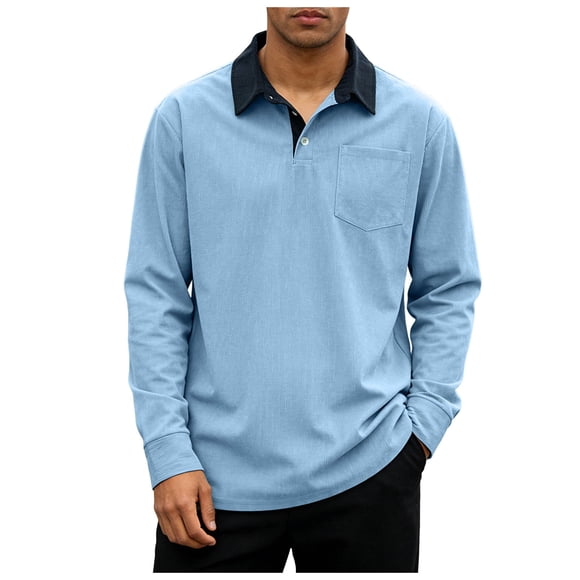 Ketyyh-chn99 Men's Polo Shirts Short/Long Sleeve Men's Polo Shirt Retro Button Pocket Color Matching Casual Long Sleeve Polo Shirt Size for 5XL,Blue