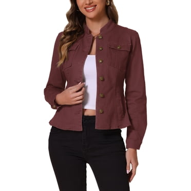 INSPIRE CHIC Women's Denim Jackets Stand Collar Long Sleeves Short Jean Jackets Deep Red S