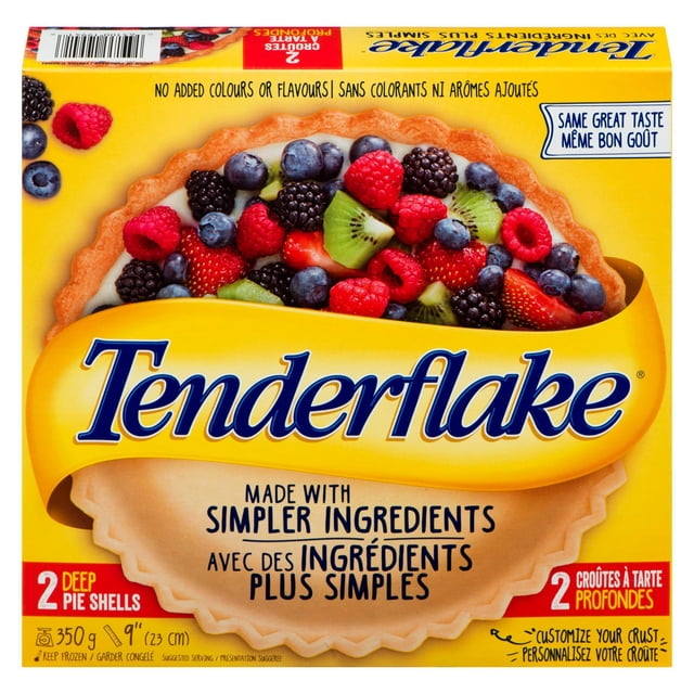Tenderflake® Coquilles Profondes pour Pie, Ensemble Montrant Deux Coquilles de Pie Surgelées de 9 Po (23 cm) avec Bords Festonnés, Présentant une Tarte aux Fruits Surmontée de Bleuets, Framboises, Mûres, Fraises et kiwi, Mettant en Valeur des Ingrédients Plus Simples et Sans Colorants Ni Arômes Ajoutés.