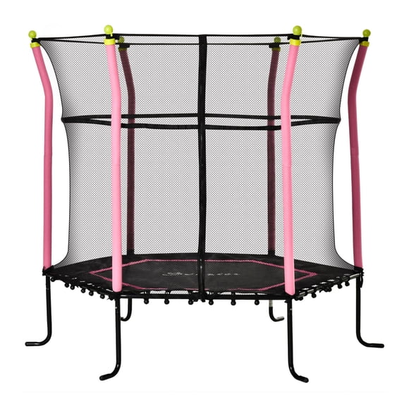 Pink 63" Indoor Trampoline with Enclosure Net - Safe Bouncer for Home Play | Steel Frame, Spring-Free Design, Ages 3-10
