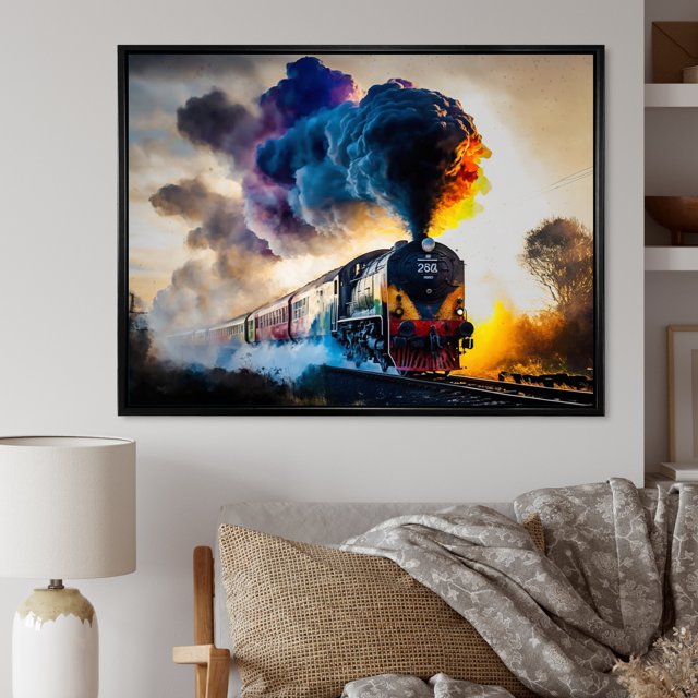 Designart train framed wall art decor, Train framed wall Art, On the Move Rolling Rails I , Extra large Modern black framed wall art, 32x16 inches black frame
