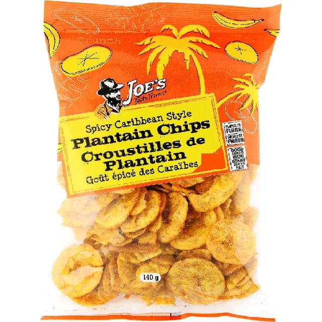 Spicy Caribbean Style Plantain Chips by Joe's Tasty Travels in a 140 g orange bag with yellow palm tree and plantain slice graphics, showing crispy, crunchy plantain chips as a lower-sodium, fiber-rich vegetable snack suitable for everyday enjoyment.