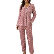 Stylish Women Pajama Sets Short Pajama Comfortable Womens Pajamas Casual Lapel Button Polka Lace Sleepwear Pajamas for Teen Dots Print Long Sleeve Bedhead Pajamas Pajama Short Two Piece