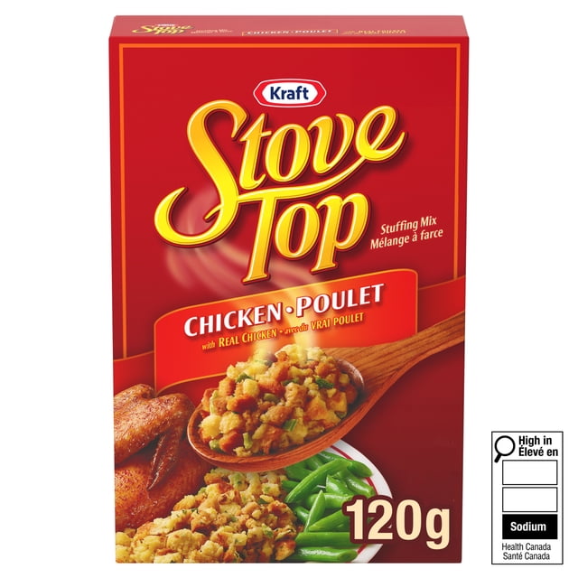 Stove Top Chicken Stuffing Mix 120g box with red background and yellow text, featuring a wooden spoon holding seasoned chicken stuffing, a roasted chicken wing, green beans, and a plate of stuffing, ideal for quick instant meals and side dishes, with a Health Canada sodium warning.