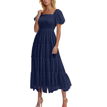yoeyez Sun Dresses for Women 2025 Vacation Smocked Midi Tulle Dresses Puffy Short Sleeve Square Neck Ruffle Tiered Dress Wedding Guest Party Dresses Navy,M