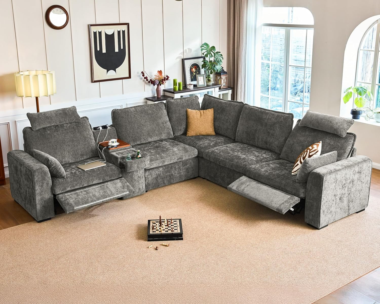 BEDEEP 134'' Power Recliner Sofa with Headrest Console, Moduar Cloud Sectional Chenille Reclining Couch with Charging Station, Convertible 5-Seater Sofa Couch for Living Room RV, Grey
