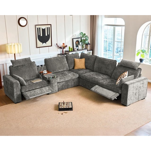 BEDEEP 134'' Power Recliner Sofa with Headrest Console, Moduar Cloud Sectional Chenille Reclining Couch with Charging Station, Convertible 5-Seater Sofa Couch for Living Room RV, Grey