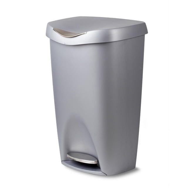 Brim Step Can 13G Nickel, a 13-gallon kitchen trash can with a satin nickel finish and durable polypropylene construction, features a stainless-steel foot pedal for quiet, hands-free lid operation and a contoured lid that locks open for easy garbage bag removal, ideal for home or commercial use.