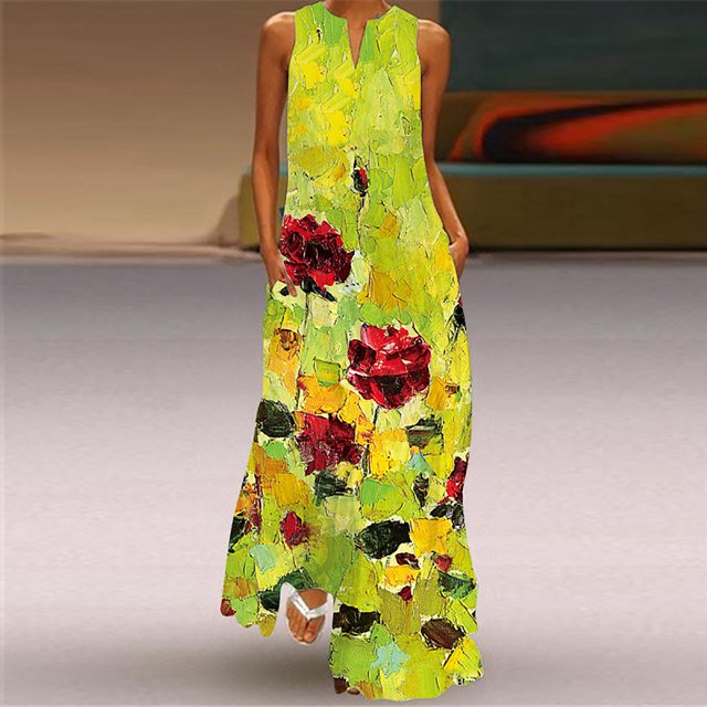 Robe de Collation des Grades Robe Longue Décontractée pour Femme avec Poche Imprimé Floral Robe Maxi Sans Manches Robe d'Allaitement en Liquidation