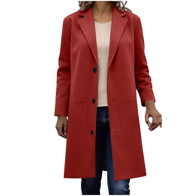 WRKEKC Coats for Women Long Sleeve Solid Color Button Multi Pocket Wool Blend Long Jacket Top for Daily Appeal and Functional Design