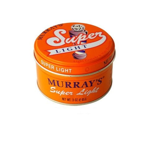 Murray's Super Light Pomade and Hair Dressing 3 oz in an orange tin with bold white and blue branding, featuring 'Super Light' text and 'Est. 1925' logo. Ideal for hair styling, conditioning, and enhancing natural waves with shine and control.