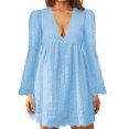 thumbnail image 1 of MAWCLOS Ladies Loose Hollow Out Mini Dresses Party Flared Sleeves Short Dress Light Blue M, 1 of 2
