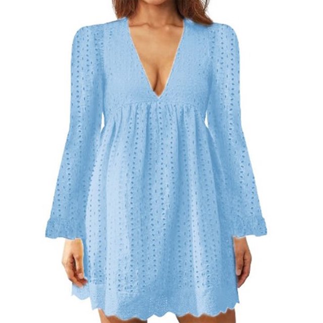 MAWCLOS Ladies Loose Hollow Out Mini Dresses Party Flared Sleeves Short Dress Light Blue M