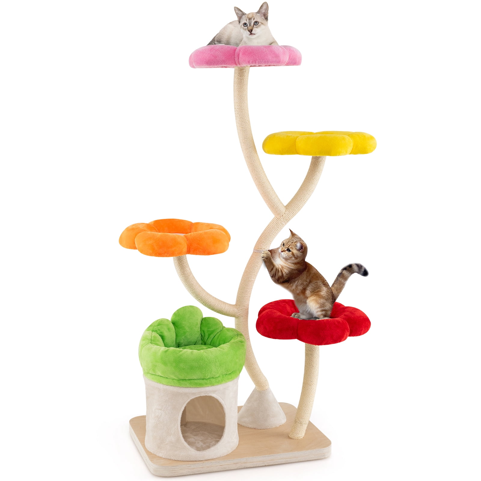 Gymax 64'' Multi-layer Cat Tower w/4 Colorful Flower-shaped Platforms Scratching Posts