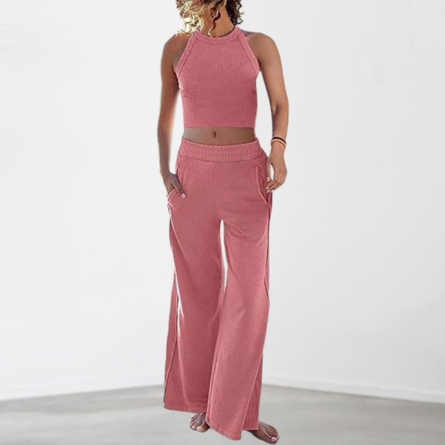 Ensemble Pantalon 2 Pcs Décontracté Col Rond Poches Tenue de Vacances (Noir S)