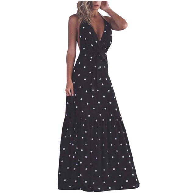 Yuyuzo Robes de Vacances pour Femmes Sans Manches Décontractées Plage Boho à Pois Smockées Fluides Longues Robes d'Été