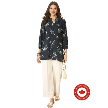 DWEEP SARA Kurti / Tunique Courte Droite à Imprimé Floral en Mélange de Rayonne Bleu Marine pour Femmes – M-38