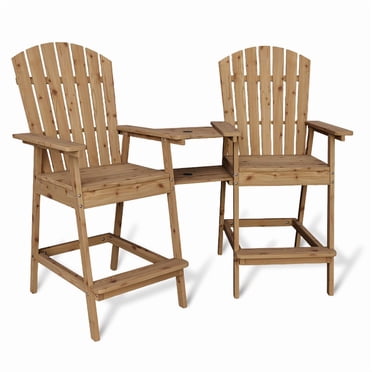 Outdoor Bar Height Adirondack Chairs with Connecting Tray, Set of 2 Balcony Chairs for Deck, Patio, Backyard, High Adirondack Chairs with Umbrella Hole
