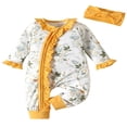 thumbnail image 1 of Newborn Baby Girls Long Sleeve Rompers Floral Print Ruffles Zipper Jumpsuits Bodysuit + Headband, 1 of 7