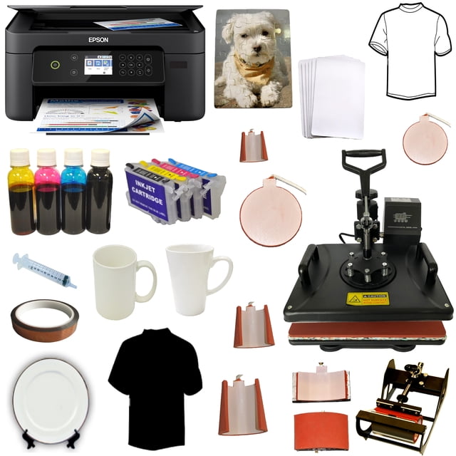 Machine de Transfert par Pression à Chaud 8-en-1 et Imprimante d'Encre de Sublimation, Ensemble Sans Fil avec une Presse à Chaud Multifonctionnelle Comprenant des Commandes Numériques, une Pression Réglable et des Accessoires Interchangeables pour T-shirts, Tasses, Chapeaux, Assiettes et Plus. Comprend une Imprimante Sans Fil avec Bouteilles d'Encre de Sublimation en cyan, magenta, Jaune et Noir, des Cartouches d'Encre Rechargeables, des Papiers de Transfert et Diverses Vierges de Sublimation comme des Tasses, des Assiettes, des Casse-