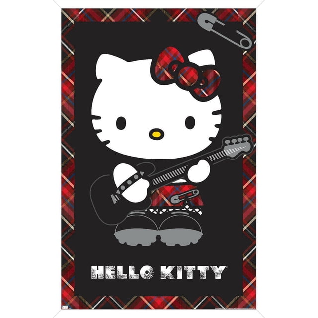 Hello Kitty - Affiche Murale Punk, 22,375 Po x 34 Po, Mettant en Vedette Hello Kitty Tenant une Guitare Électrique Noire, Portant un Nœud et une Jupe à Carreaux Rouges et Noirs avec un Détail d'Épingle de Sécurité, Ensemble sur Fond Noir Encadré d'Une Bordure à Carreaux Rouges et Noirs avec un Texte Blanc Vieilli « Hello Kitty » en Dessous, Convient à la Décoration Murale de Chambre, Dortoir Ou Bureau.