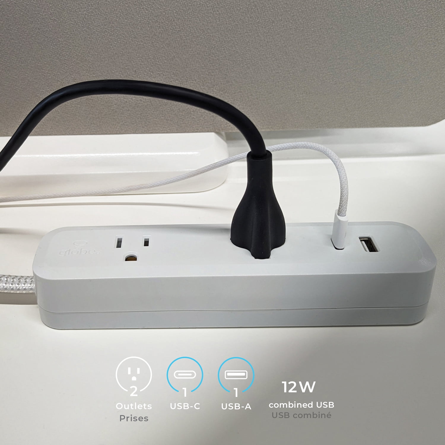 Globe Electric 2-Outlet White Flat Plug Power Strip with USB Charging Ports and 6FT Fabric Extension Cord