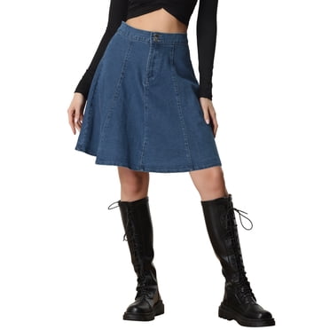 Unique Bargains Women's Casual High Waist A-Line Flared Pleated Midi Denim Skirt Dark Blue S