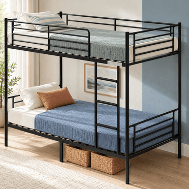 Ktaxon Upgrated Twin over Twin Bunk Bed, Metal Bed Frame with Flat Step Ladder for Kids Teens Adults, Black