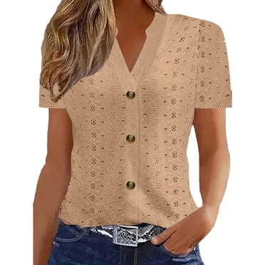 Lenpel Hauts d'Été pour Femmes Tendance Broderie Oeillets Col en V Manches Courtes Chemises Boutonnées Tuniques Décontractées Blouses