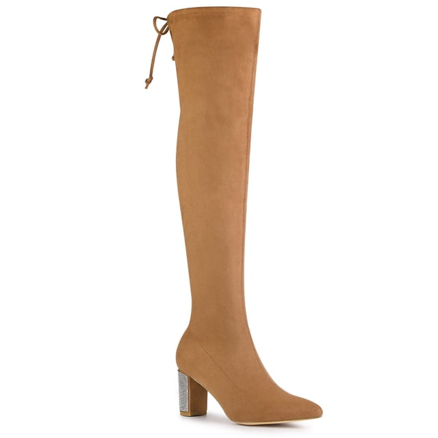 Unique Bargains Bottes Cuissardes à Talons Blocs pour Femmes avec Strass