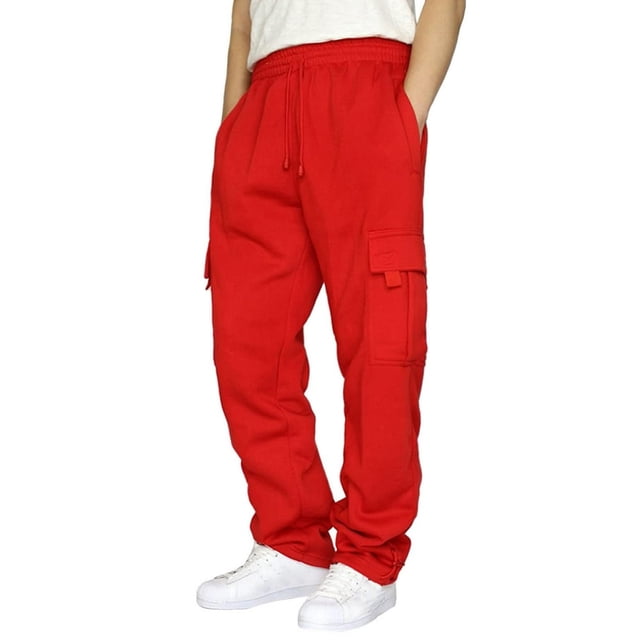 CHOK Men Flap Pocket Drawstring Elastic Waist Cargo Pants Straight-Fit Casual Pants Solid Trousers Relaxed Plus Size Long Pant