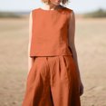 thumbnail image 4 of Pompotops 2PC Fashion Woman Round Neck Solid Sleeveless Blouse +Loose Pockets Pants Sets, 4 of 9