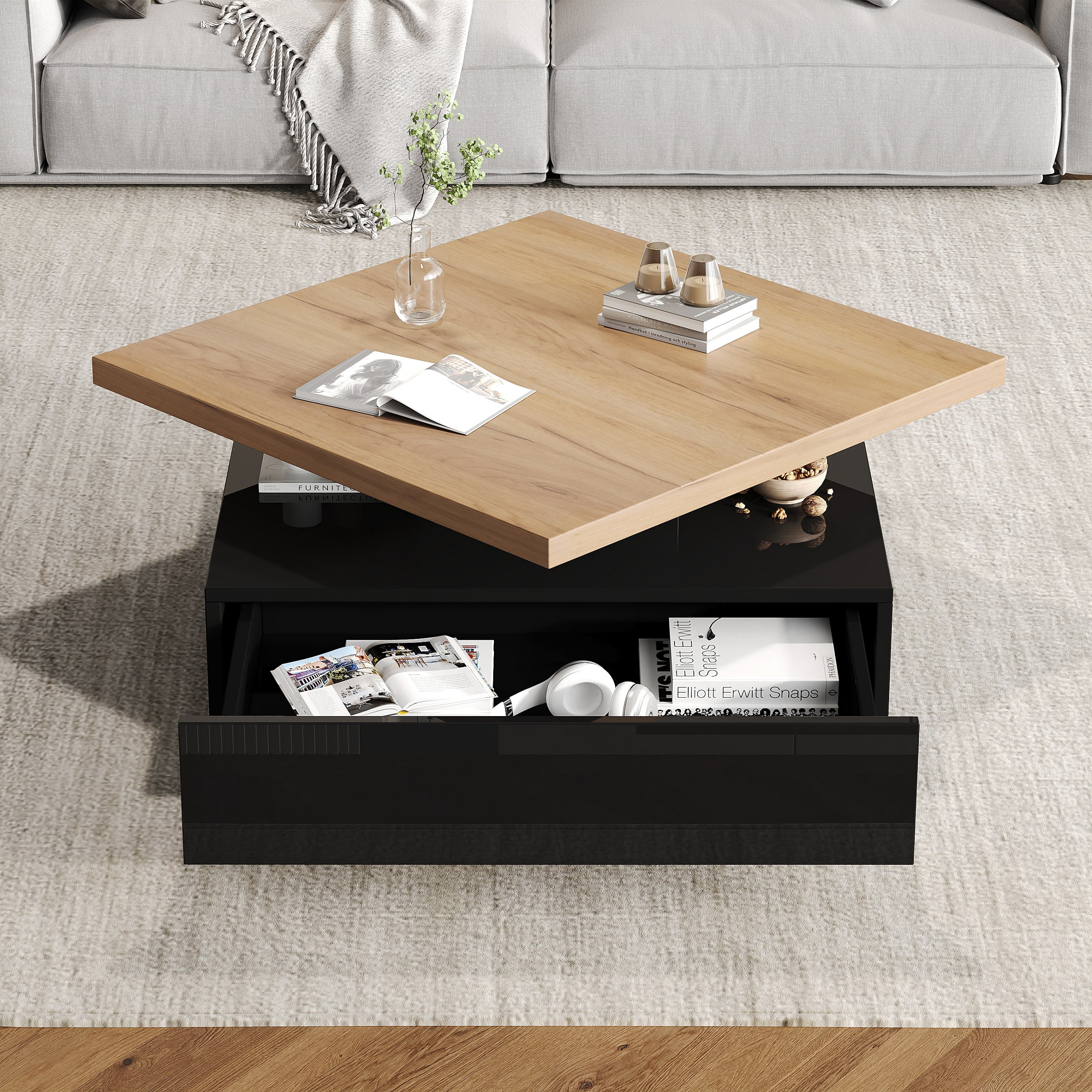 Table basse carrée pivotante Noble House, plateau brillant pivotant à 360°, noire
