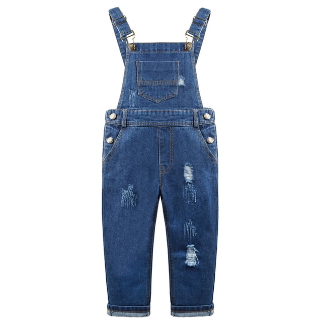 KIDSCOOL SPACE Salopette en Jean Mode pour Filles, Coupe Ajustée, Trous Déchirés et Égratignés, Bleu, 6-7 Ans