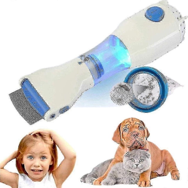 Electric Vacuum Head Lice Nit Comb Brush Pet Dog Flea Filter Remover Treatment with a white and blue ergonomic design, rounded stainless steel teeth, and an LED-illuminated filter unit. Designed for chemical-free lice and flea removal for people and pets, including dogs and cats. Features a hygienic capture filter and adjustable combing angle for easy use.