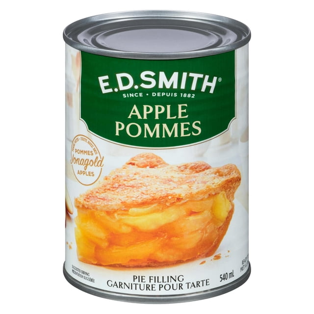 E.D.Smith Apple Pie Fill 540 mL can with green label and white text, showing a close-up of a slice of apple pie with golden crust and juicy apple filling, ideal for baking ingredients and pie filling in dessert recipes.