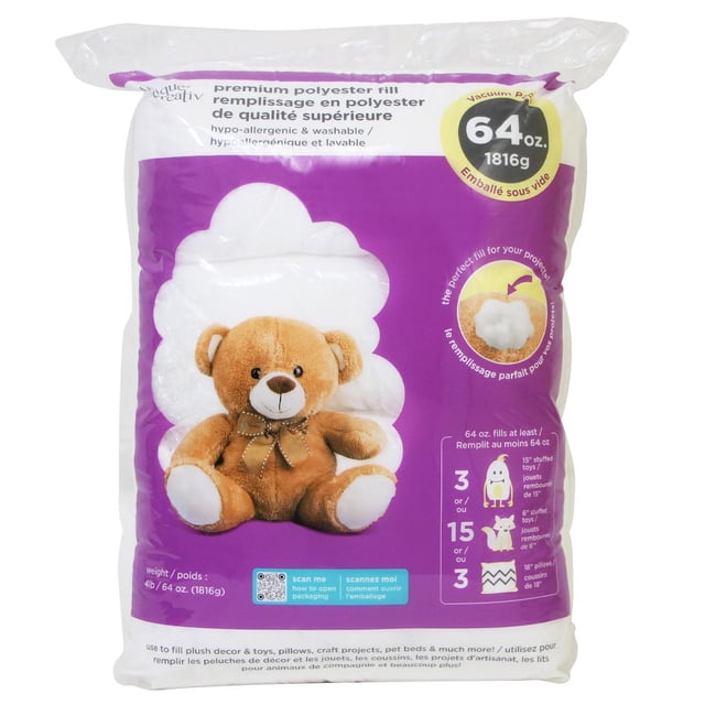 Premium Polyester Fill 64oz (1816g) in vacuum-sealed packaging with a purple and white label featuring a brown teddy bear illustration, hypoallergenic and washable polyester stuffing ideal for toys, pillows, pet beds, and craft projects, also suitable for plush decor and DIY projects.