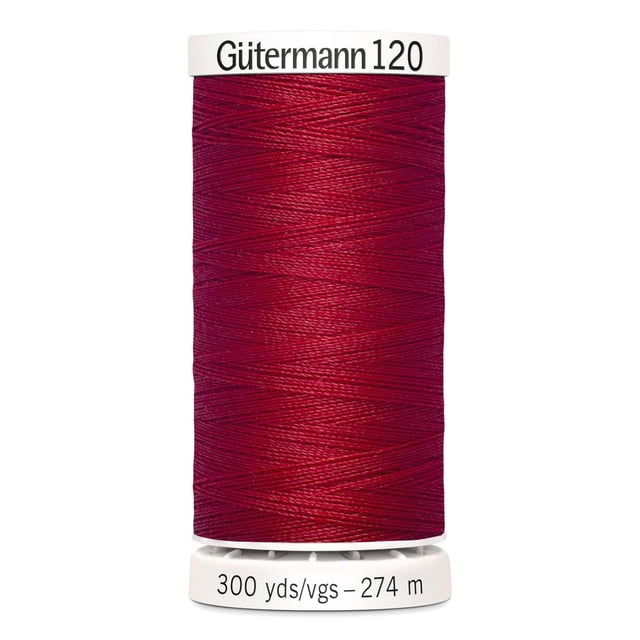Gutermann 120 Bobine de Fil Tout Usage 100 % polyester en Rouge Foncé, Enroulée Serrée sur une Bobine en Plastique Blanche Étiquetée avec 300 yards (274 Mètres), Convient à la Couture à la machine et à la Main de Tissus Tissés, Tricotés et Synthétiques, Également Idéale pour les Projets d'Artisanat et de Raccommodage.